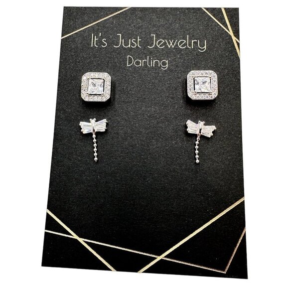 Womans Pierced Earrings Cubic Zirconia Studs Dragonfly & Princess Cut Gift Idea - Picture 2 of 3